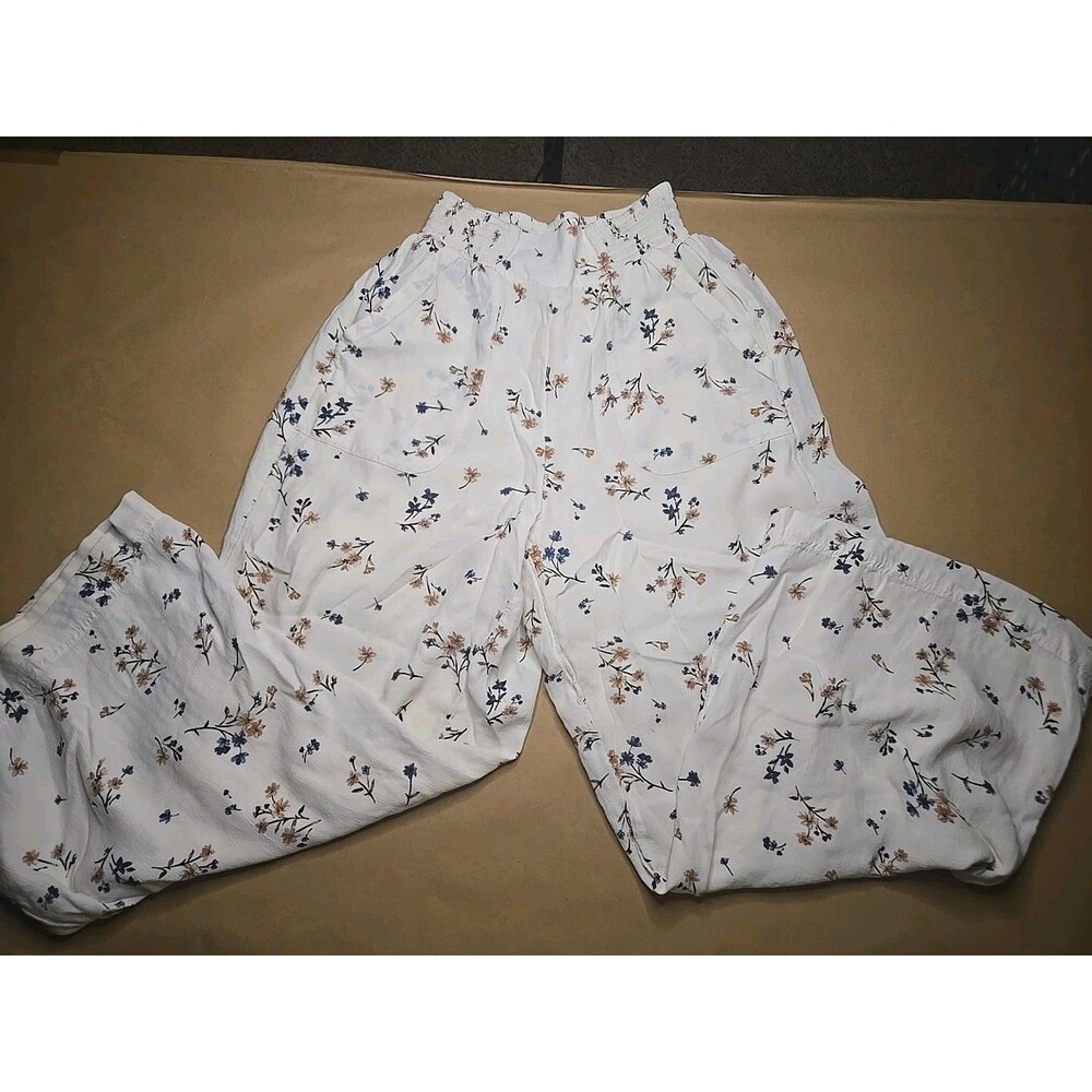 American Eagle Palazzo Pants Pull Up Ivory Floral Elastic Waist Womens Sz XS